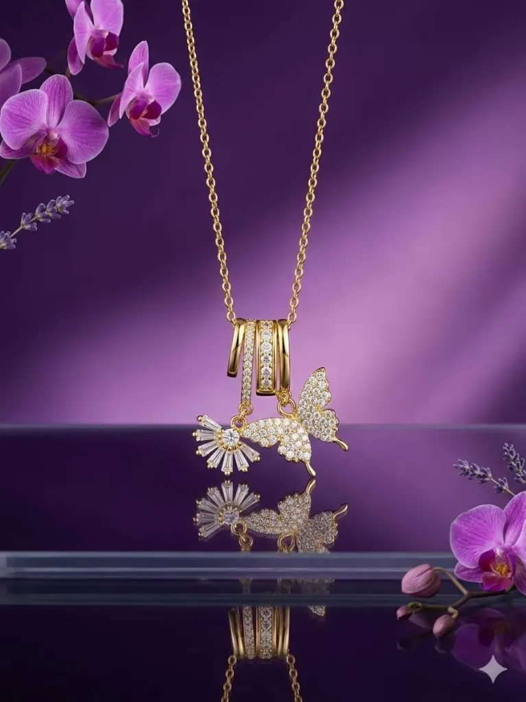 Antitarnish Butterfly & Flower Charm Pendant Necklace